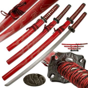 3 Pcs Red Dragon Samurai Sword Set W/ Stand SE-58-RD4